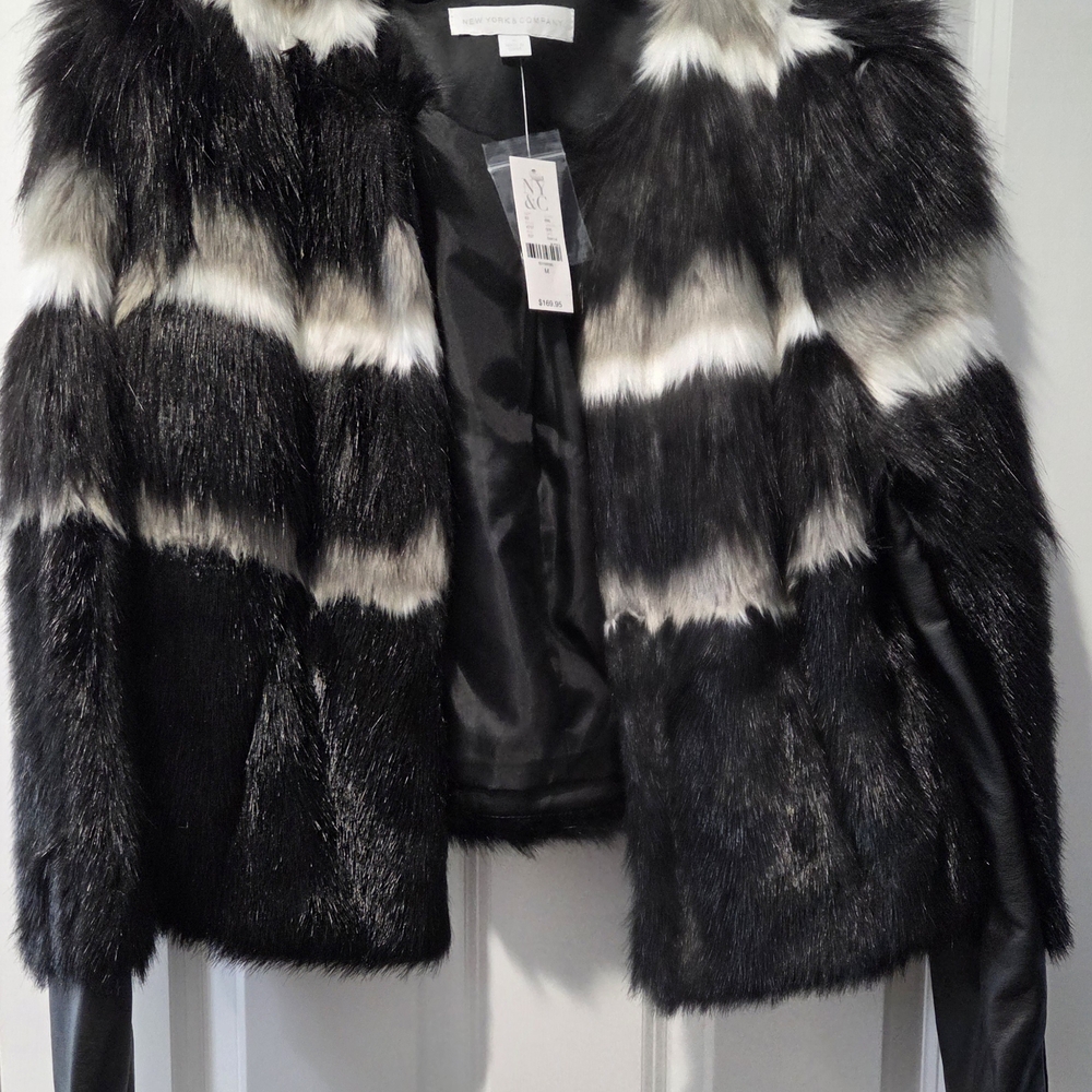 New York & Company Black and White Teddy Jacket Faux Fur Stripes